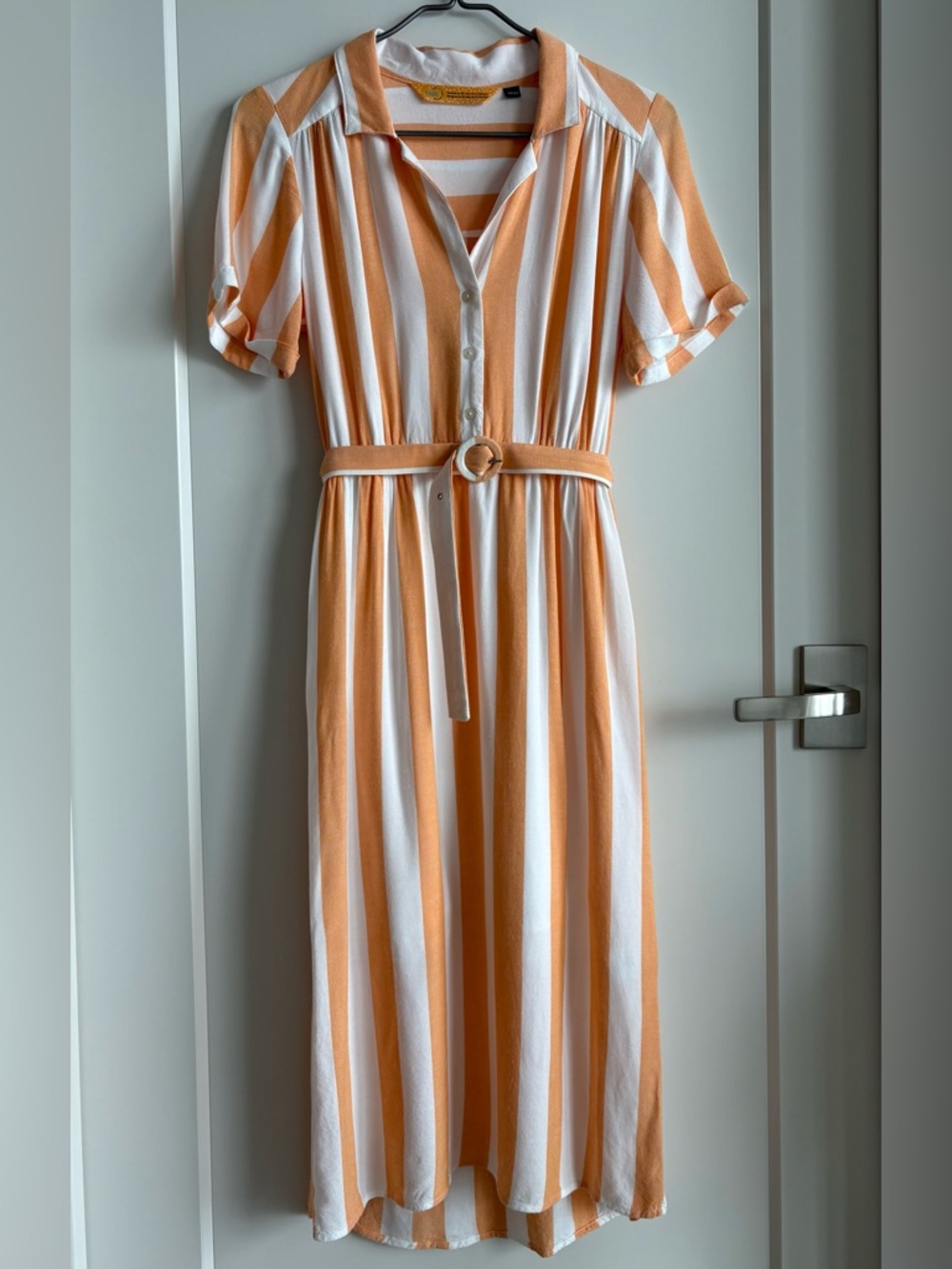 Peach and White Vertical-Stripe Midi Shirt Dress with Belt